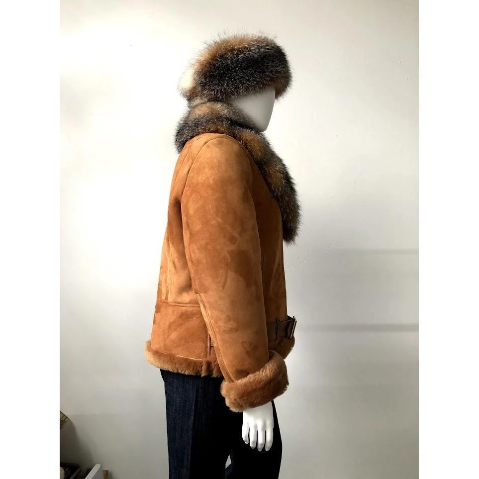 G-Gator Ladies Genuine Sheepskin / Fox Fur Belted / Collar Motorcycle Jacket 1020. - Image 3