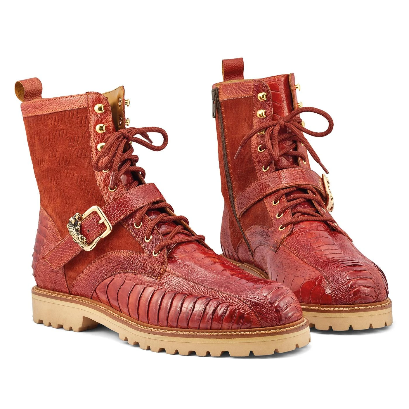 Mauri "Soldier" Gold Genuine Ostrich Leg / Suede Leather Hiking Boots 4997.