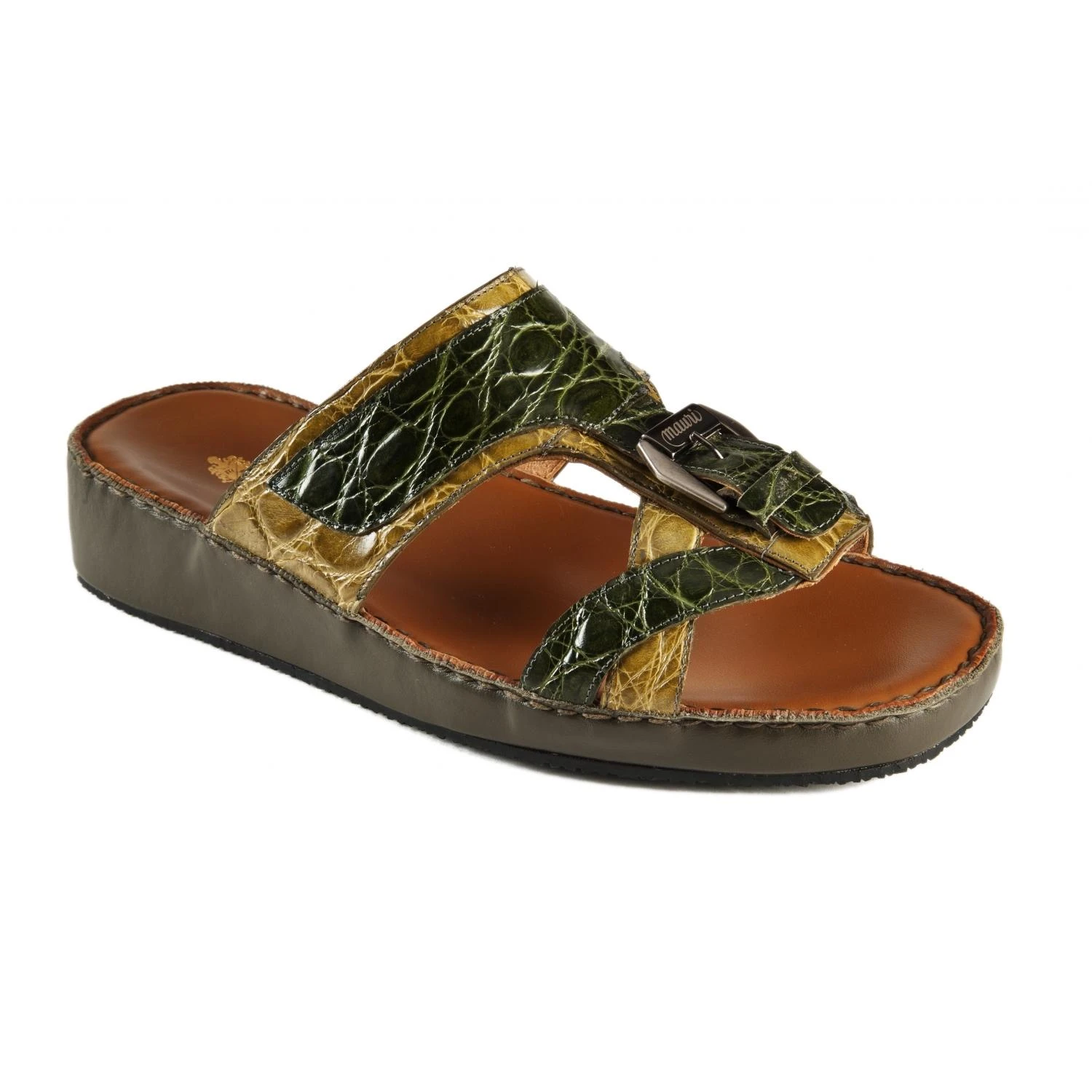 Mauri 5052 Green / Khaki Genuine Crocodile Flanks Platform Sandals.
