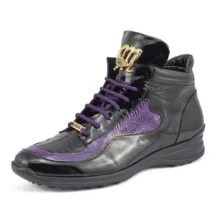 Mauri "Hype" Black / Purple Genuine Crocodile / Ostrich Leg / Patent Leather High-Top Sneakers 8409.