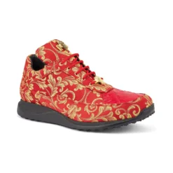 Mauri "8900/2" Red / Gold Genuine Crocodile / Gobelins Fabric Casual Sneakers.