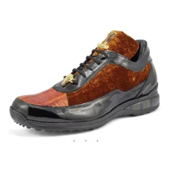 Mauri 8900/8 Black / Mustard / Camel Genuine Crocodile / Patent Leather / Velvet Embossed Casual Sneakers.