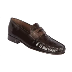 Lombardy Brown Genuine Lizard / Leather Check Pattern Penny Loafer Shoes ZLA038607.