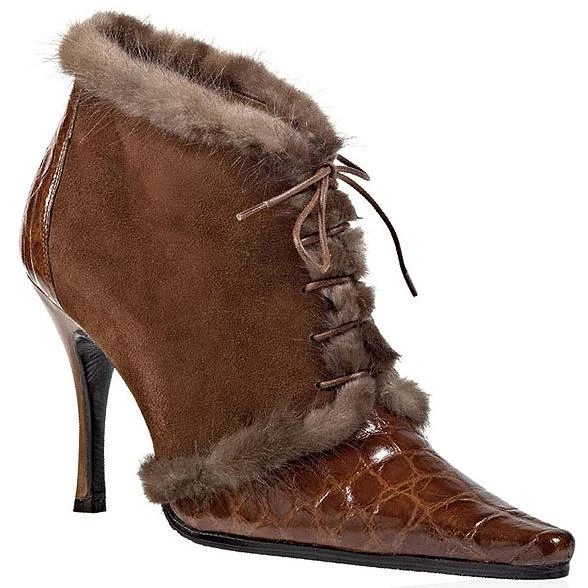 Mauri Ladies "Stunning" Camel Genuine Alligator/Suede/Mink Fur High Heel Pointed Toe Shoes 7337.