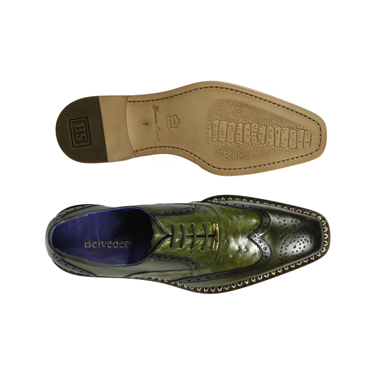 Belvedere "Napoli" Antique Emerald Genuine Exotic Ostrich / Calf-Skin Leather Oxford Shoes R33. - Image 3