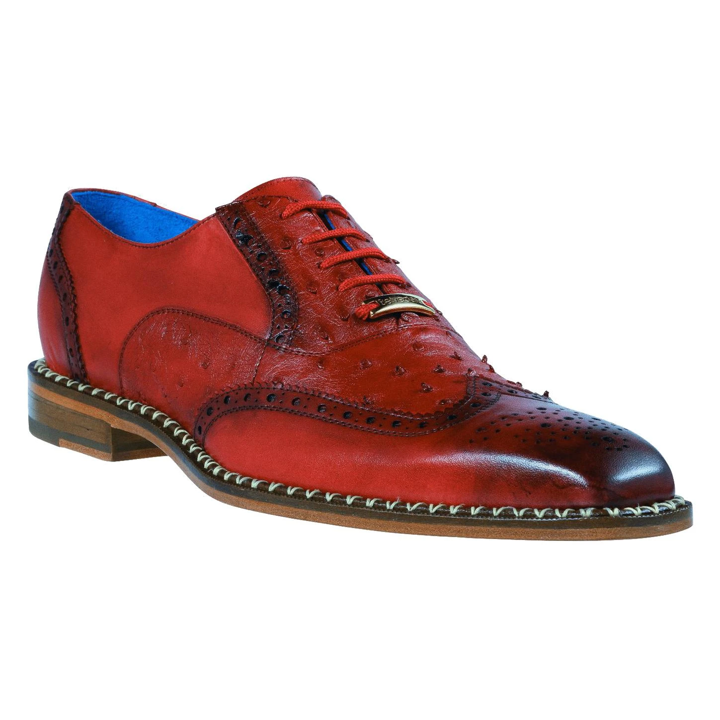 Belvedere "Napoli" Antique Red Genuine Exotic Ostrich / Calf-Skin Leather Oxford Shoes R33.