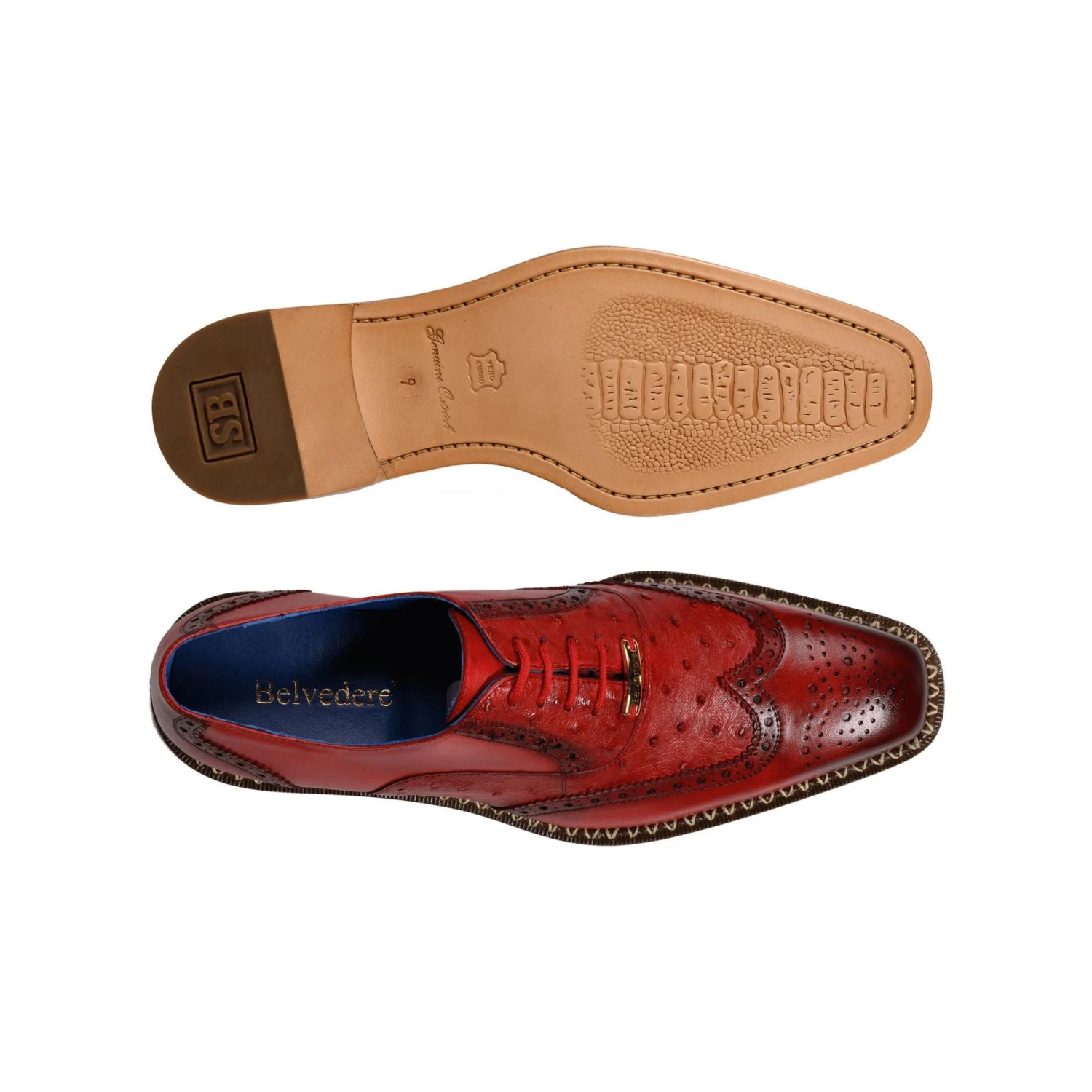 Belvedere "Napoli" Antique Red Genuine Exotic Ostrich / Calf-Skin Leather Oxford Shoes R33. - Image 2