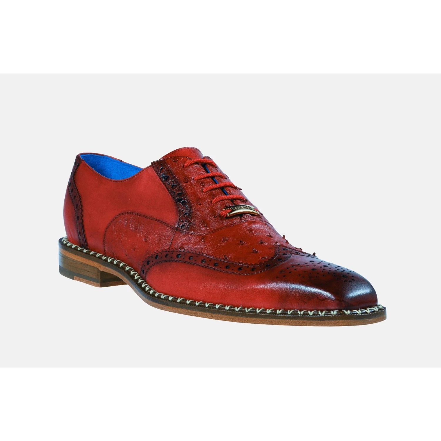 Belvedere "Napoli" Antique Red Genuine Exotic Ostrich / Calf-Skin Leather Oxford Shoes R33. - Image 3