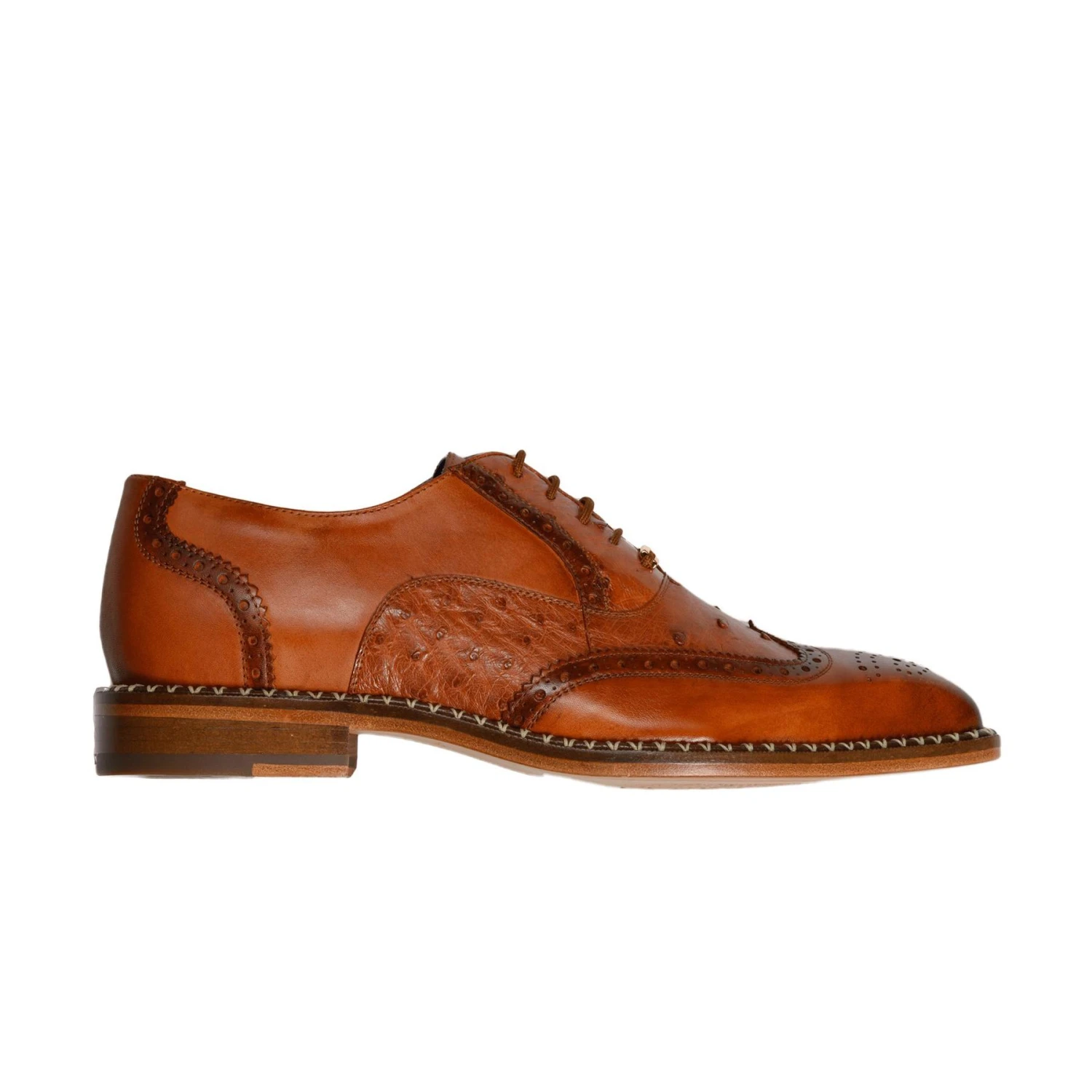 Belvedere "Napoli" Antique Camel Genuine Exotic Ostrich / Calf-Skin Leather Oxford Shoes R33. - Image 3