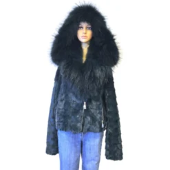 Winter Fur Ladies Green Genuine Diamond Mink Motor Jacket With Fox Collar And Hood W49S07GN.