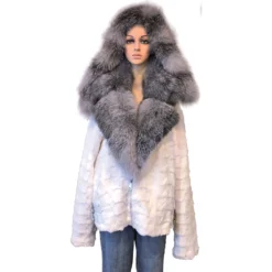 Winter Fur Ladies White Genuine Diamond Mink Motor Jacket With Fox Collar And Hood W49S07WT.