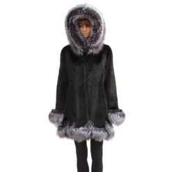 Winter Fur Ladies Black Full Skin Mink 3/4 Coat With Hood And Silver Fox Trimming W59Q03BK