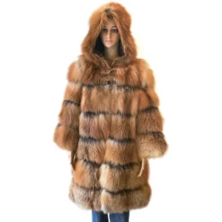 Winter Fur Ladies Red Genuine Fox 3/4 Coat With Hood W73Q02RF.
