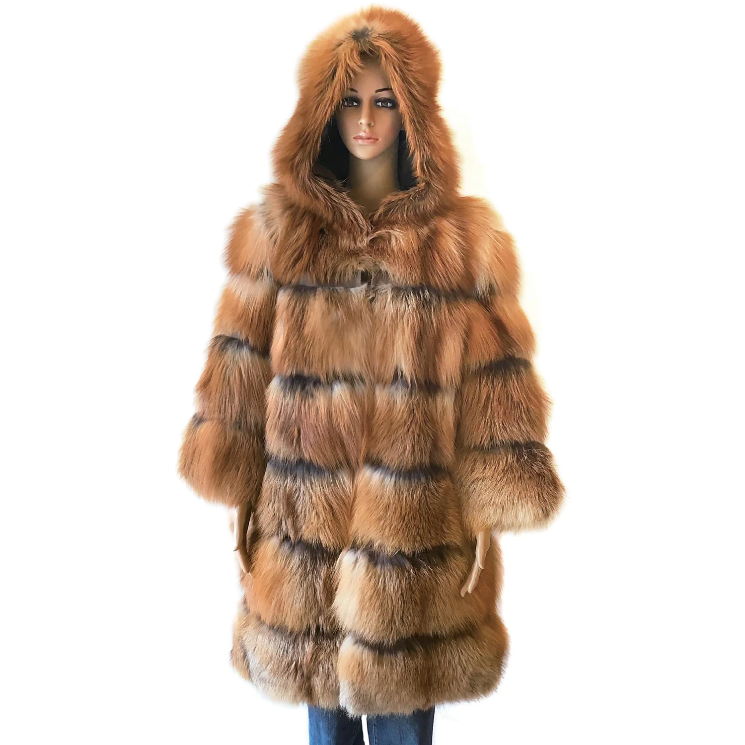 Winter Fur Ladies Red Genuine Fox 3/4 Coat With Hood W73Q02RF.