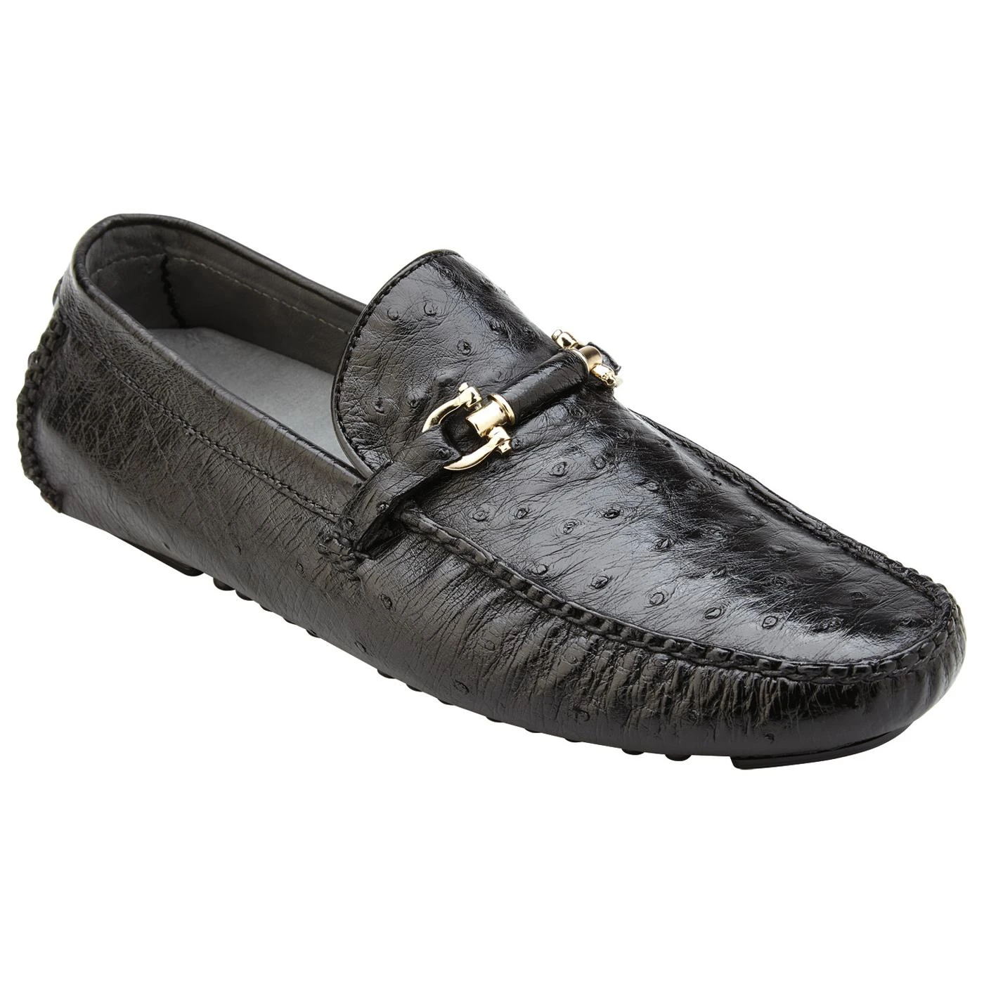 Belvedere "Omar" Black Genuine Ostrich / Calf Shoes With Horsebit 50V.