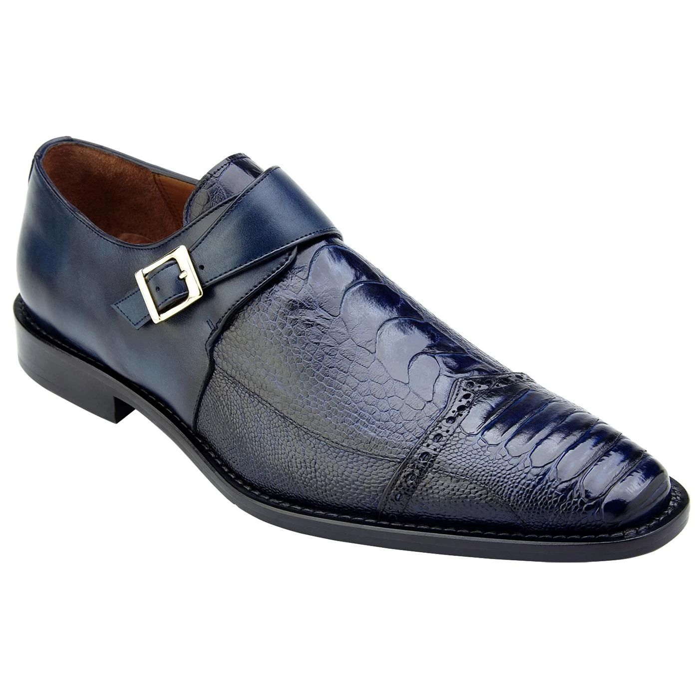 Belvedere "Salinas" Blue Safari Genuine Ostrich / Italian Calf Monk Strap Loafer Shoes 3B6.