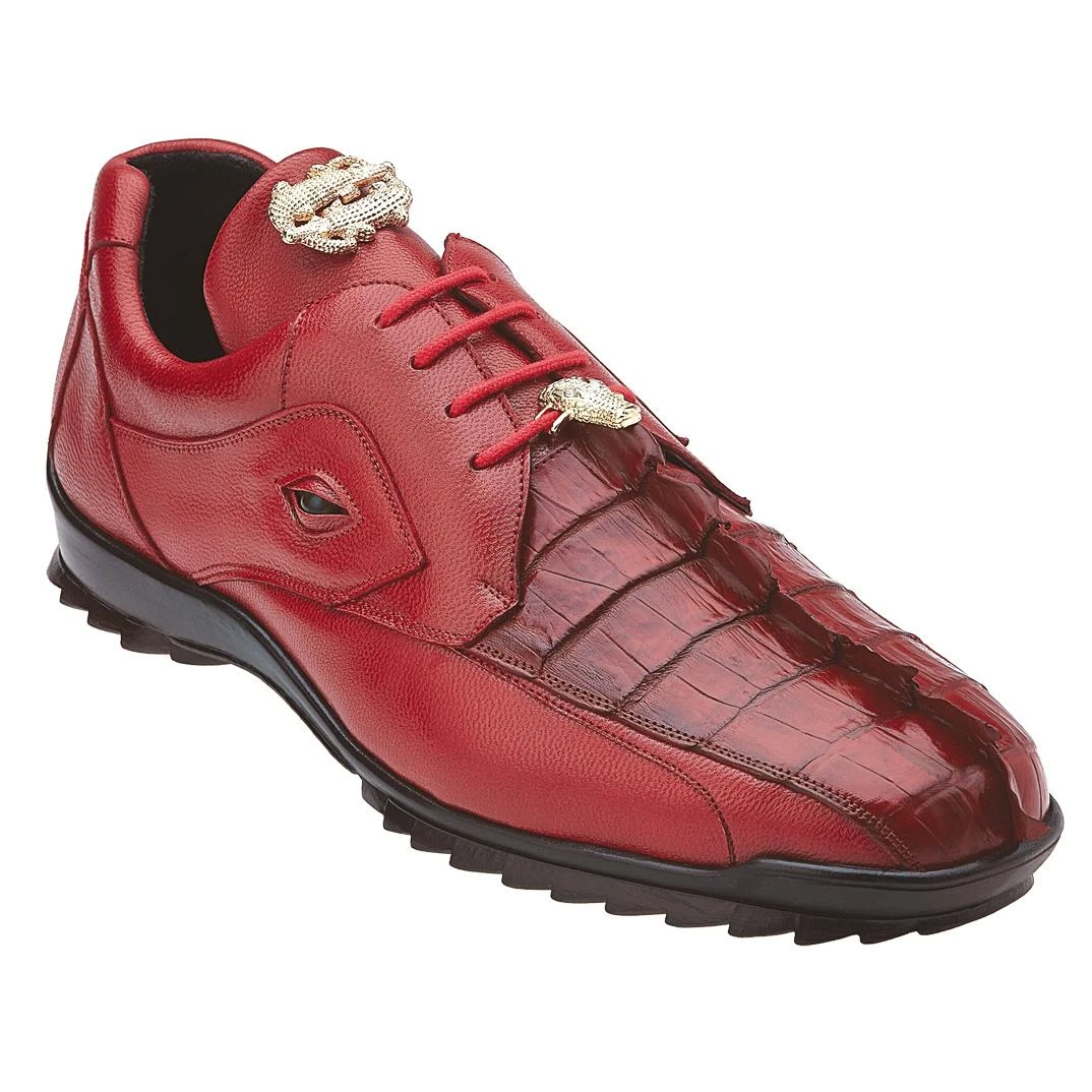 Belvedere "Vasco" Red Genuine Hornback Crocodile / Soft Calf Casual Sneakers With Eyes 336122.
