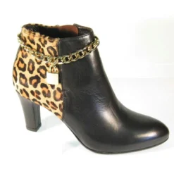 Mauri Ladies Gold / Black Leopard Hair Print Genuine Leather Gold Chain Lock Dress Boots.