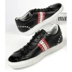 Mauri Black / White / Red Genuine Alligator Metal Studded Sneakers.