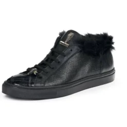 Mauri Black Genuine Crocodile / Shearling Fur Mauri Embossed Casual Sneakers.