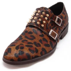 Encore By Fiesso Tiger Pony Hair Loafer Shoes With Gold Studs And Silver Buckles FI3142