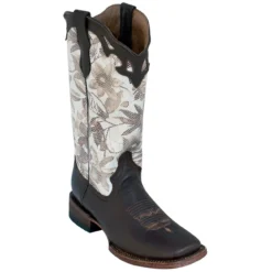 Ferrini Ladies 81093-19 Chocolate / White Floral Genuine Cowhide Leather S-Toe Cowboy Boots.
