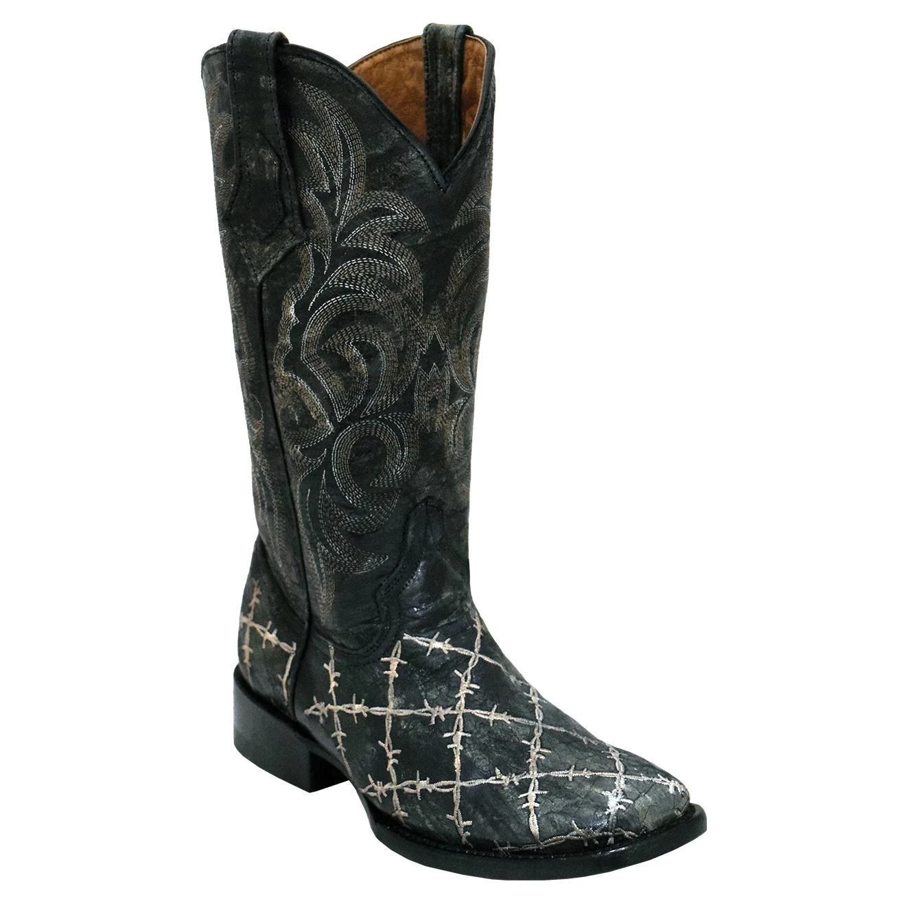 Ferrini Ladies 81293-35 Distressed Black Genuine Leather S-Toe Cowboy Boots.