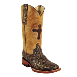 Ferrini Ladies 81893-38 Gold Genuine Leather Embossed Cross Boot-s