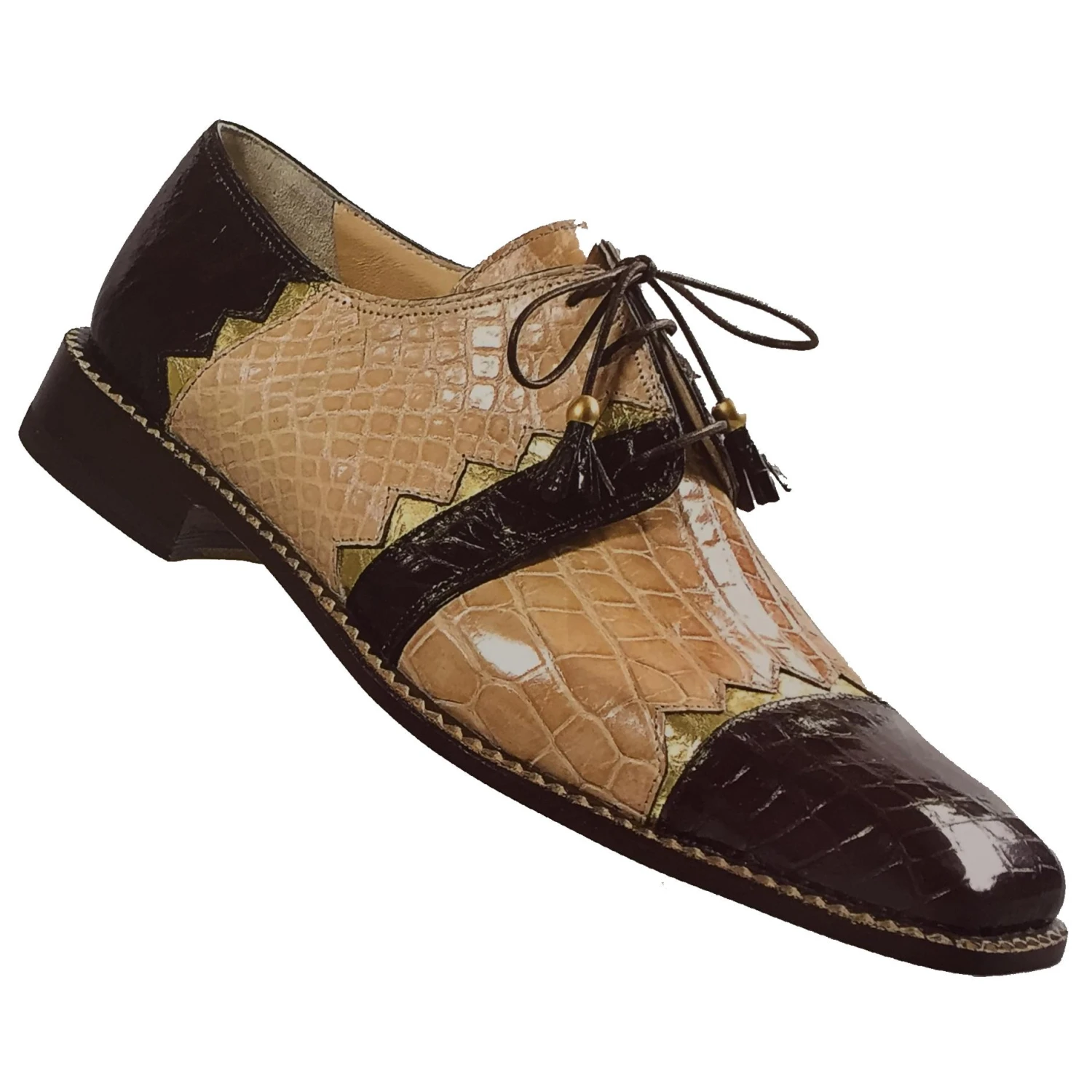 Mauri "4116" Genuine Black / Champagne 14K Gold Plated Alligator Shoes.