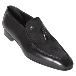Mauri "4705" Black Genuine Crocodile Flanks / Shinny Calf Loafer Shoes With Tassels