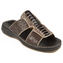 Mauri "5030/1" Brown / Beige Genuine Ostrich / Ostrich Leg Bicolor Slide-In Open Toe Sandals.