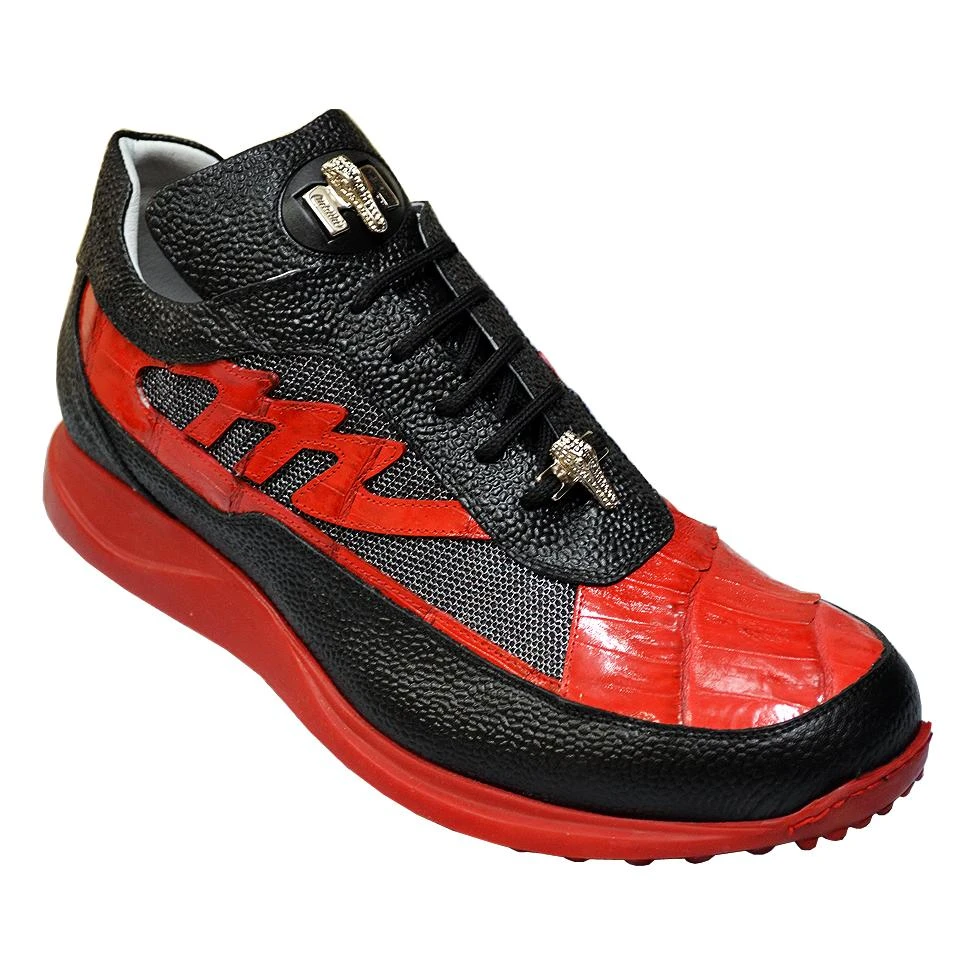 Mauri 8555 Black / Red Genuine Alligator / Metallic Fabric / Pebble Grain Nappa Leather Sneakers With Two Silver Hardware