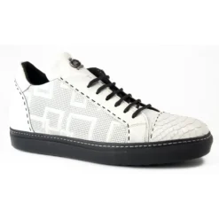 Mauri "8697" White Genuine Python / Nappa / Nappa Perforated Lace-up Sneakers.