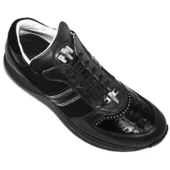 Mauri 8734 Black Genuine Crocodile And Nappa Leather/Suede Casual Sneakers With Silver Mauri Crocodile Head & Rhine Stones