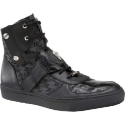 Mauri "8797" Huntington Black Genuine Baby Crocodile / Patent Leather / Embroidered Fabric High-Top Sneakers With Strap