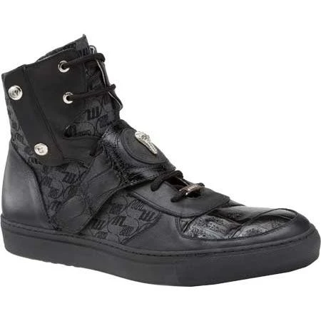 Mauri "8797" Huntington Black Genuine Baby Crocodile / Patent Leather / Embroidered Fabric High-Top Sneakers With Strap