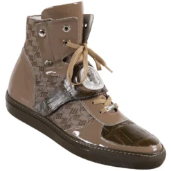 Mauri "8797" Huntington Taupe / Olive / Beige Genuine Baby Crocodile / Patent Leather / Embroidered Fabric High-Top Sneakers With Strap