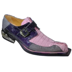 Mauri "Backstage" 44162 Medium Grey / Taste Of Berry / Grape Genuine Alligator / Hornback Crocodile Tail Monk Strap Shoes With Silver Crocodile Head On Sole.