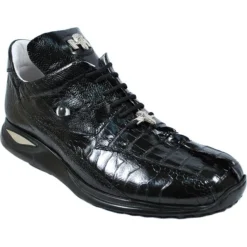 Mauri "Caiman" 8815 Black Genuine Hornback Alligator/Ostrich Sneakers With Eyes & Silver Mauri Alligator Head