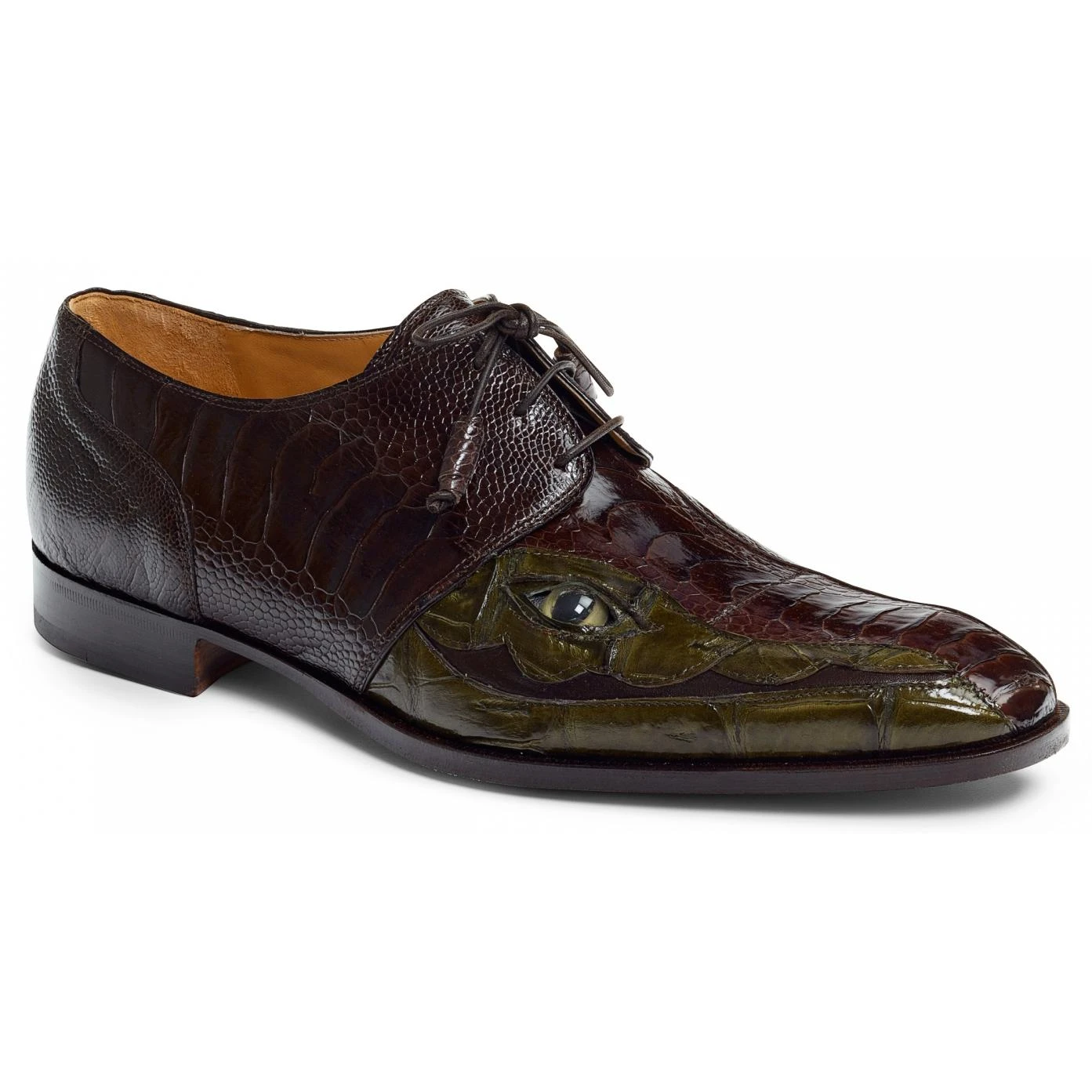 Mauri "Colosseo" 4787 Dark Brown Genuine Ostrich Leg / Money Green Baby Crocodile Shoes.