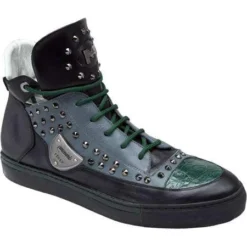 Mauri "Jungla" 8663 Forest Green / Black Genuine Baby Crocodile / Nappa Leather Sneakers With Metal Studs.
