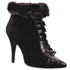 Mauri Ladies "Luna" 7565 Black Genuine Hornback Crocodile Tail / Alligator / Suede Dress Boots With Mink Fur Lining
