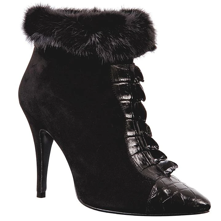 Mauri Ladies "Luna" 7565 Black Genuine Hornback Crocodile Tail / Alligator / Suede Dress Boots With Mink Fur Lining