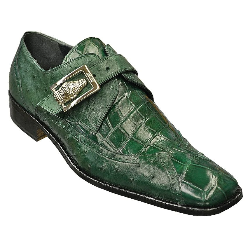 Mauri "Palazzo Pitii" 44233 Hunter Green Genuine Alligator / Ostrich Quill Shoes Wint Monkstarp With Alligator Metal Buckle On Last 188