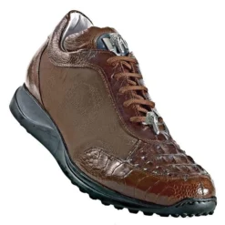 Mauri "Superb" 8741 Brown/Rust Genuine Hornback Alligator And Ostrich/Mauri Fabric Sneakers With Silver Mauri Alligator Head