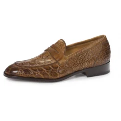 Mauri ''Tronto'' 4862 Brandy Genuine Crocodile Flanks / Calf Hand Painted Moc-Toe Bit Strap Loafers.