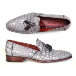 Paul Parkman "44LF27'' Grey Genuine Crocodile Tassel Loafers.