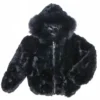 Winter Fur Kid's Black Genuine Rex Rabbit Jacket With Fox Trimmed Hood K08R02.