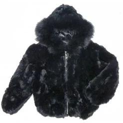 Winter Fur Kid's Black Genuine Rex Rabbit Jacket With Fox Trimmed Hood K08R02.