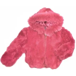 Winter Fur Kid's Dark Pink Genuine Rex Rabbit Jacket With Fox Trimmed Hood K08R02.